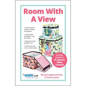 May include: An advertisement for sturdy zippered bins in three sizes. The bins have a colorful pattern and a vinyl window. The text on the ad says "Room With A View" and includes a coupon for a video tutorial.