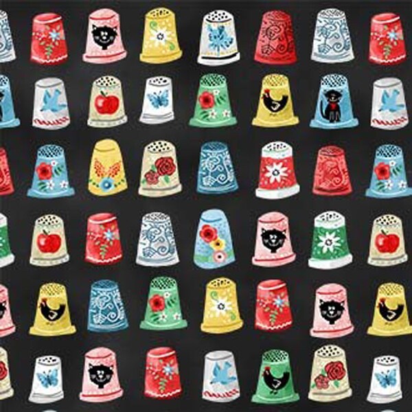 A STITCH in TIME ~ Colorful Sewing Thimbles on Black ~ Michael Miller ~ By-The-Yard