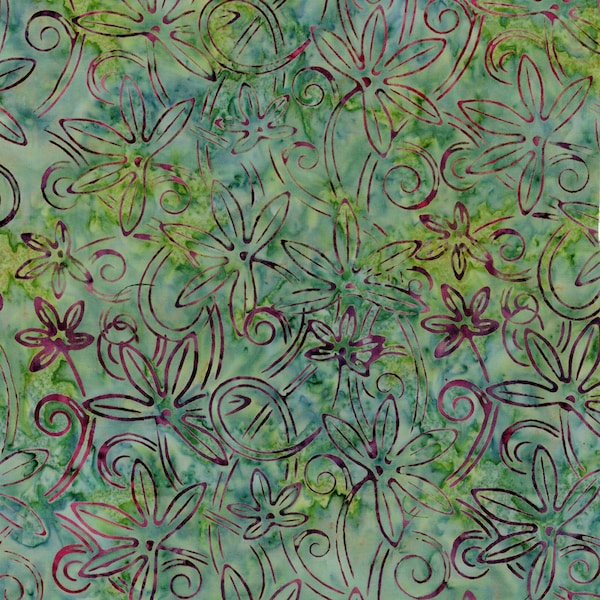 TONGA Batik ~ GRASS ~ Timeless Treasures ~ Greens Purple Plum ~ FLOWERS