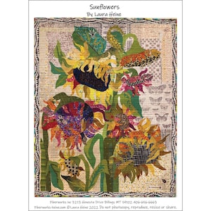May include: A colorful quilt titled "Sunflowers" by Laura Heine. The artwork features multiple sunflowers with vibrant petals in yellow, red, and purple. Green leaves and stems are also visible. The quilt has a patterned border and includes the text "Sunflowers By Laura Heine".
