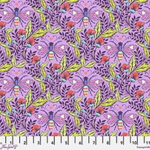 May include: A repeating pattern on a lavender background features stylized butterflies, red flowers, and green and purple foliage. The butterflies have pink wings and striped bodies. The design is suitable for fabric or wallpaper.