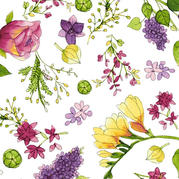 RADIANCE FLORAL TOSS ~ White Background ~ Sue Zipkin ~ Rose, Lilac, Freesia, Leaves ~ by-the-yard