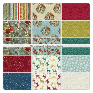 May include: A collection of fabric swatches with various patterns. Designs include floral arrangements, deer, birds, and snowflakes in colors like red, green, blue, and gold. The text "This swatch pack includes these fabrics" is visible.