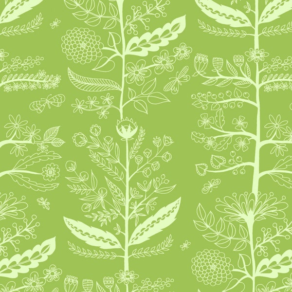 CHARMED in KIWI by Micael Miller ~ Funky Floral in Lime Green ~ Flowers ~ Leaves ~ Bees ~ Butterflies ~ Pods by-the-yard