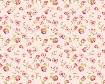 May include: A repeating pattern of small, stylized flowers in shades of red, pink, and navy blue, set against a pale pink background. The floral design includes various stages of blooms, buds, and leaves, creating a delicate and feminine aesthetic.