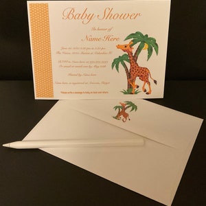 May include: A baby shower invitation with a giraffe illustration. The invitation is for a baby shower in honor of "Name Here" on June 1st, 2021 from 2:30 pm to 5:30 pm at The Venue, 32-48 Marion st, Columbia, NJ. RSVP to "Name Here" at 999-999-9999 or email at email.com by May 25th. Hosted by "Name Here".