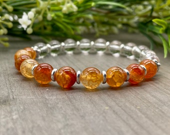 Clarity and Courage Bracelet |Orange Spider Agate and Clear Quartz Genuine Natural Crystal Gemstone 8 mm Bead Stretch Bracelet