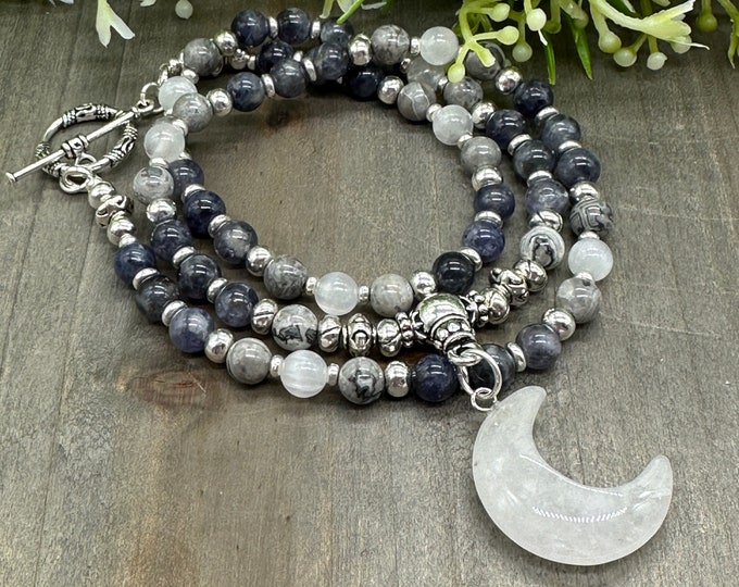 Quartz Crescent Moon Pendant | Genuine Iolite, Gray Map Jasper, Selenite Gemstone Beaded Necklace | 22 inch with toggle clasp