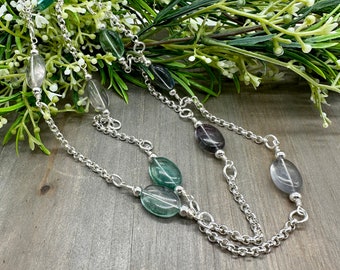 Genuine Rainbow Fluorite Oval Stone Station Necklace, 36 inch Long Layering Necklace, Large Stone Beads
