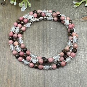 Rhodonite Bronzite Selenite Beaded Bracelet Necklace: Triple Wrap Gemstone Chain