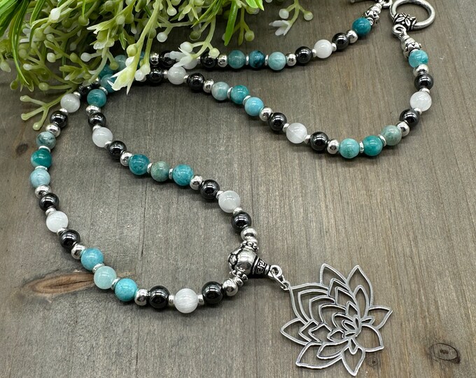 Lotus Flower Pendant | Hemimorphite, Selenite, Hematite Crystal Gemstone Beaded Necklace | 20 inch with toggle clasp