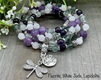 Focus and Change Mala Meditation 108 Bead Necklace | Rainbow Fluorite, Lepidolite, White Jade with Dragonfly, Lotus Charms