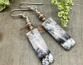 Balance and Growth Earrings | | Dendritic Opal Long Rectangle Cabochon Genuine Stone Dangle Drop Sterling Silver French Hook Earrings