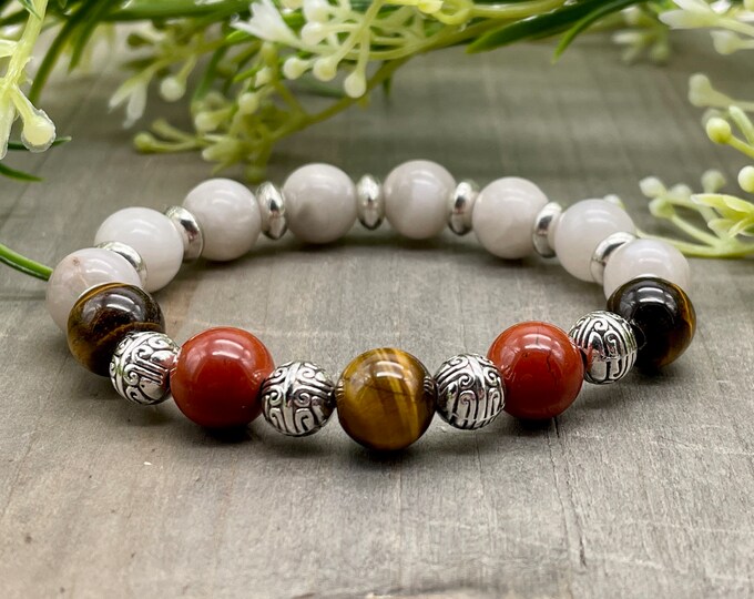 White Lace Agate, Tiger Eye, Red Jasper Root Chakra Bracelet | Chunky Gemstone Bead Bracelet, 10 mm stones | Meditation Bracelet