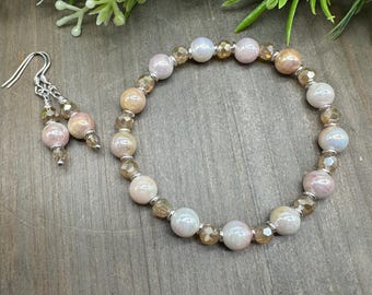 Pearl & Faceted Glass Bead Jewelry Set: Sterling Silver Earrings