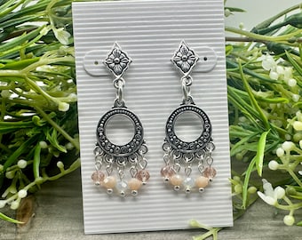 Peach Moonstone Dangle Earrings: Boho Chic Titanium Posts