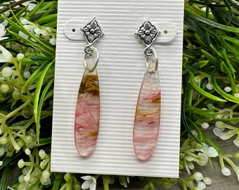 United in Love Earrings | Genuine Strawberry Quartz Cabochon Stone Drop Dangle Earrings | Floral Motif Hypoallergenic Titanium Posts
