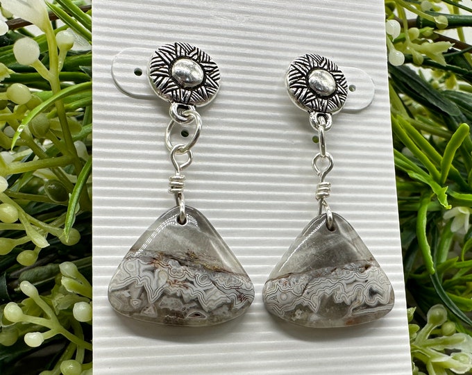 Calm Creativity Earrings | Genuine Laguna Lace Agate Cabochon Triangle Stone Drop Dangle Earrings | Hypoallergenic Titanium Posts
