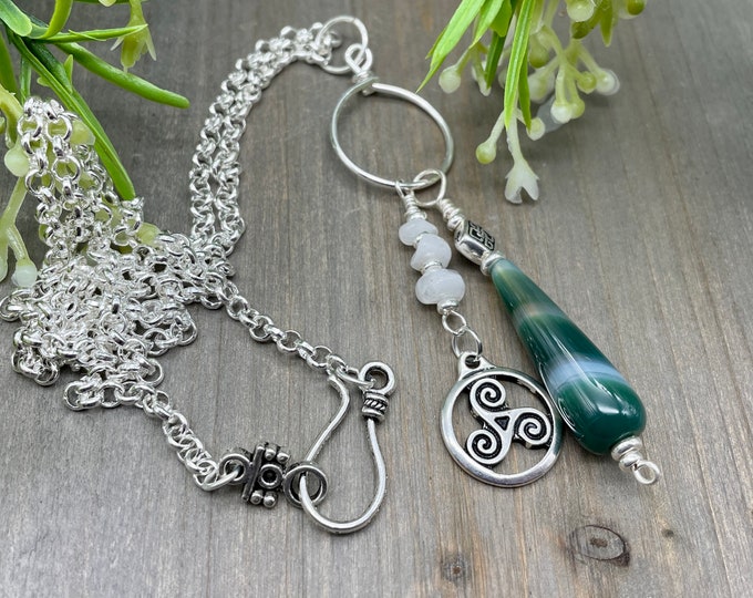 Celtic Green Agate Charm Necklace | 24 inch silver rolo chain | Green Agate Teardrop Stone | Boho Chic Jewelry