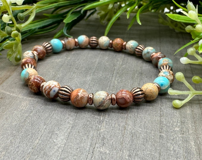 Peace and Protection Bracelet | Turquoise Blue and Brown Imperial Jasper Genuine Natural Gemstone Bead Stretch Bracelet