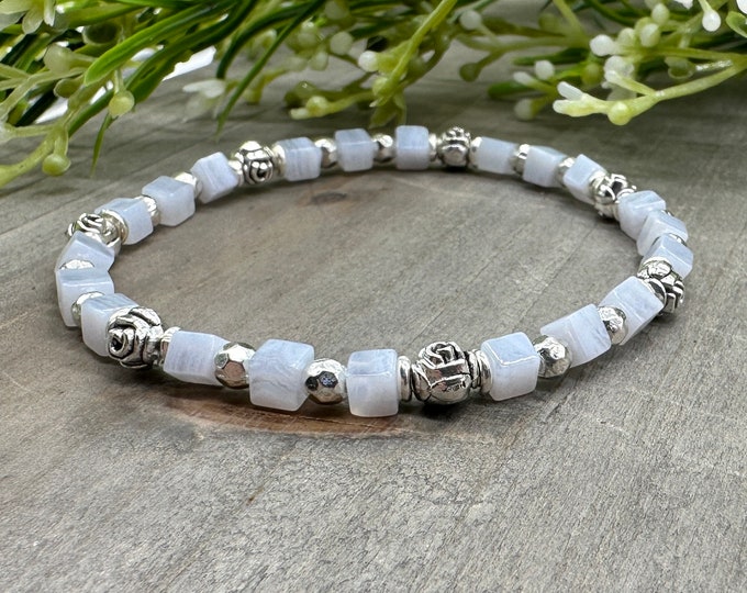 Harmony and Peace Bracelet | Genuine Blue Lace Agate Natural Crystal Gemstone 4 mm Cube Bead Stretch Bracelet