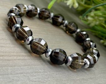 Calm and Secure Bracelet | Faceted 10 mm Lantern Shape Smoky Quartz with Hematite Genuine Natural Crystal Gemstone Bead Stretch Bracelet
