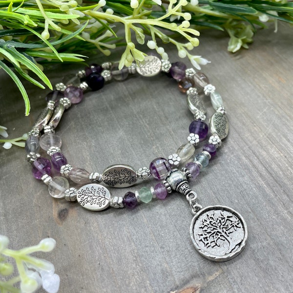 Intuition and Focus Quarter Mala Meditation Prayer Necklace | 27 Stones - Rainbow Fluorite | Botanical Tree of Life Pendant