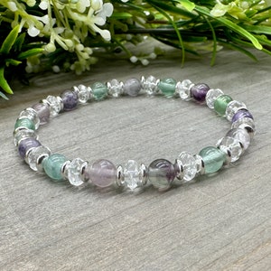 Focus, Intuition, and Clarity Bracelet | Genuine Rainbow Fluorite and Clear Quartz Crystal Gemstone Bead Stretch Bracelet