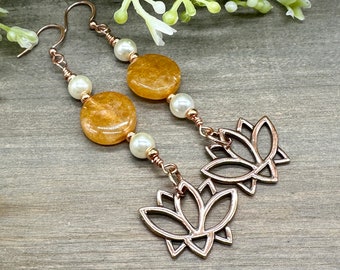 Divine Light Earrings | Genuine Golden Healer Quartz Gemstone Coin Bead Drop Long Dangle Lotus Flower Earrings | Copper Ear Wires