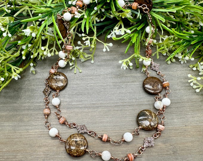 Genuine Bronzite, Moonstone, Red White Agate Copper Floral Station Necklace, 40 inch Long Layering Necklace, hand wire-wrapped stations
