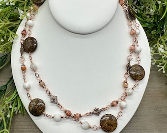 Genuine Bronzite, Moonstone, Red White Agate Copper Floral Station Necklace, 40 inch Long Layering Necklace, hand wire-wrapped stations