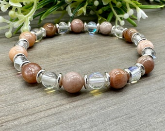 Goddess Energy Bracelet | Genuine Peach Moonstone and Mystic Aura Quartz Crystal Gemstone Bead Stretch Bracelet