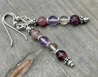 Healing and Consciousness Dangle Earrings | Auralite-Super Seven Round Gemstone Bead Drop Earrings | Sterling Ear Wires
