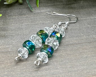 Genuine Faceted Clear Quartz and Teal Green Blue Glass Bead Drop Sparkly Dangle Earrings | Special Occasion Earrings