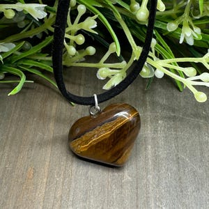 Genuine Tiger Eye Heart Pendant Necklace: Adjustable Suede Cord