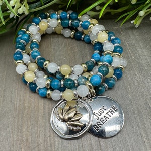 Just Breathe Mala Meditation Necklace | Teal Blue Apatite, Honey Jade, White Jade 108 Genuine Stones with Lotus Flower two-part pendant