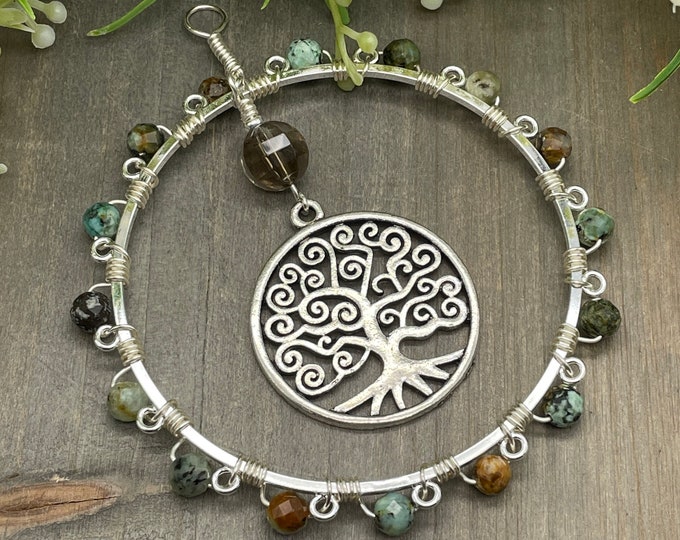 Circle of Light - Faceted African Turquoise and Smoky Quartz Gemstone Silver Tree of Life Suncatcher, Wall Decor, Home Accent, Dreamcatcher