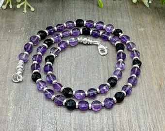 Genuine Faceted Amethyst and Black Onyx Gemstone Necklace - 17 inches  | Special Occasion Jewelry | Sparkly Short Necklace