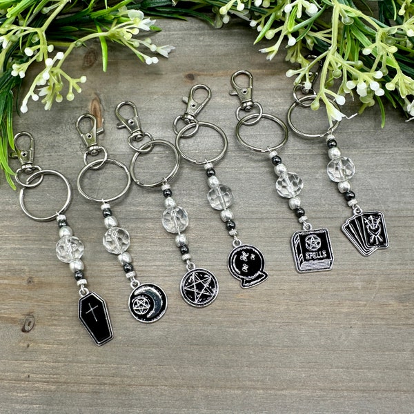 Spooky Witchy Purse Pulls Charms, Zipper Pulls, Backpack Charms, Keychains - Moon, Pentacle, Coffin, Crystal Ball, Spell Book, Tarot Card