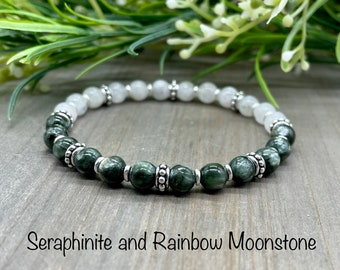 Enlightenment and Strength Bracelet | Seraphinite and Rainbow Moonstone Genuine Natural Crystal Gemstone Bead Stretch Bracelet