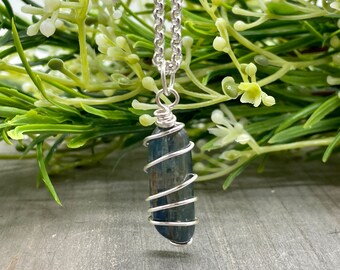 Blue Kyanite Wire Wrapped Stone Pendant | Boho chic genuine Kyanite stone 24 inch necklace