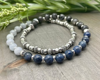 Healing and Consciousness Wrap Bracelet | Two Strand Wrist Mala Gemstone Bead Bracelet | Celestite, Dumortierite and Labradorite - 27 stones