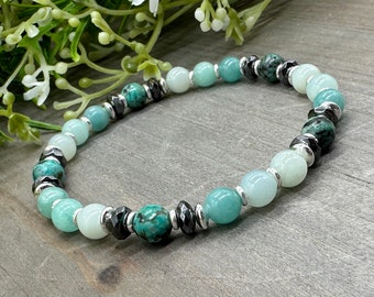 Purposeful Calm Bracelet | Amazonite, African Turquoise and Hematite Genuine Natural Crystal Gemstone Bead Stretch Bracelet