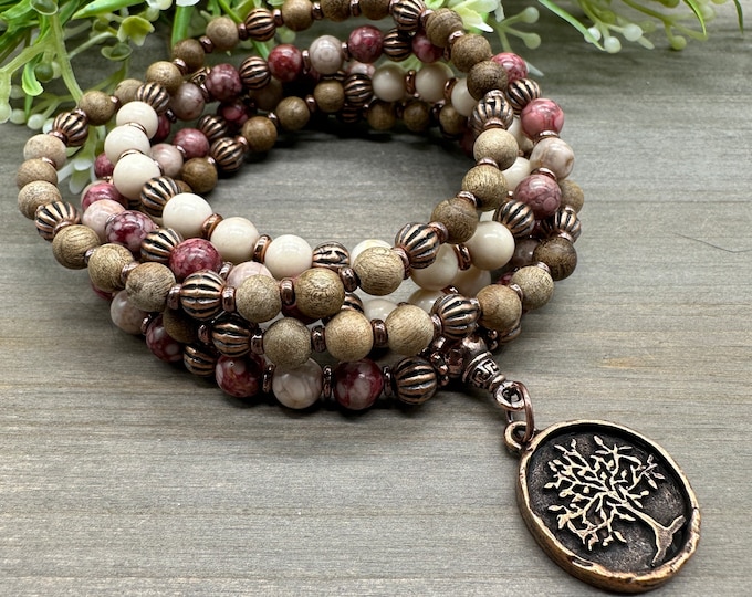 Positive Energy Mala Meditation 108 Bead Necklace | Maifanite, River Stone, Sandalwood beads with Copper Tree of Life Pendant