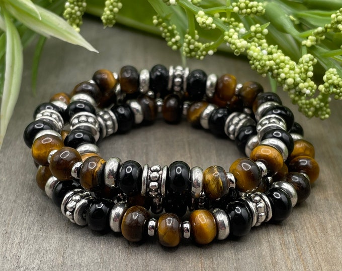 Protection and Strength Choker Short Necklace | Tiger Eye and Onyx Genuine Natural Crystal Gemstone Beaded Choker Necklace