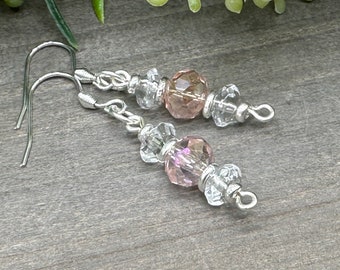 Genuine Faceted Clear Quartz and Pale Pink Peach Glass Bead Drop Sparkly Dangle Earrings | Special Occasion Earrings