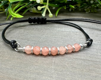 Genuine 4 mm Faceted Peach Jade, 7 Stone Nylon Cord  Knotted Adjustable Bracelet - one size fits most