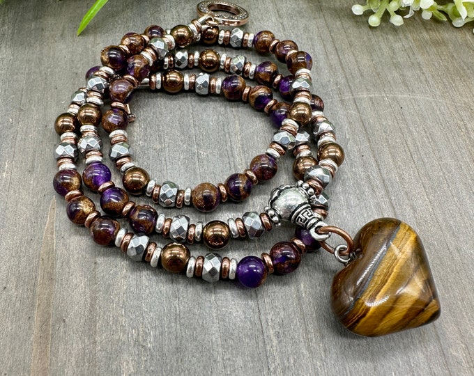 Tiger Eye Heart Pendant | Genuine Purple Copper Impression Jasper and Hematite Gemstone Beaded Necklace | 20 inch with toggle clasp