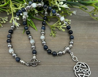 Celtic Knot Pendant | Dumortierite, Garnierite, Hematite Crystal Gemstone Beaded Necklace | 18 inch with toggle clasp