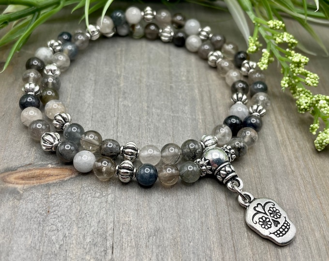 Energy and Happiness Half Mala Meditation Necklace | Blue Gray Brown Rutilated Quartz | 54 Stones with Sugar Skull Charm